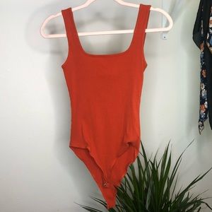 Ribbed Square Neck Bodysuit - Orange